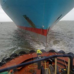 Passing tug line for bow to bow towing- with Emma Maersk on arrival at Felixtsowe